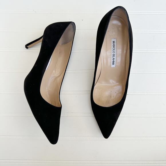 Manolo Blahnik BB Black Suede Pumps Pointed Toe Stiletto Heels 70mm 37.5 - Picture 2 of 12